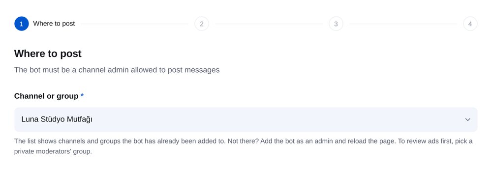 “Ad submissions to your channel” sihirbazının yayımlama hedefi adımı: kanal veya grup seçimi