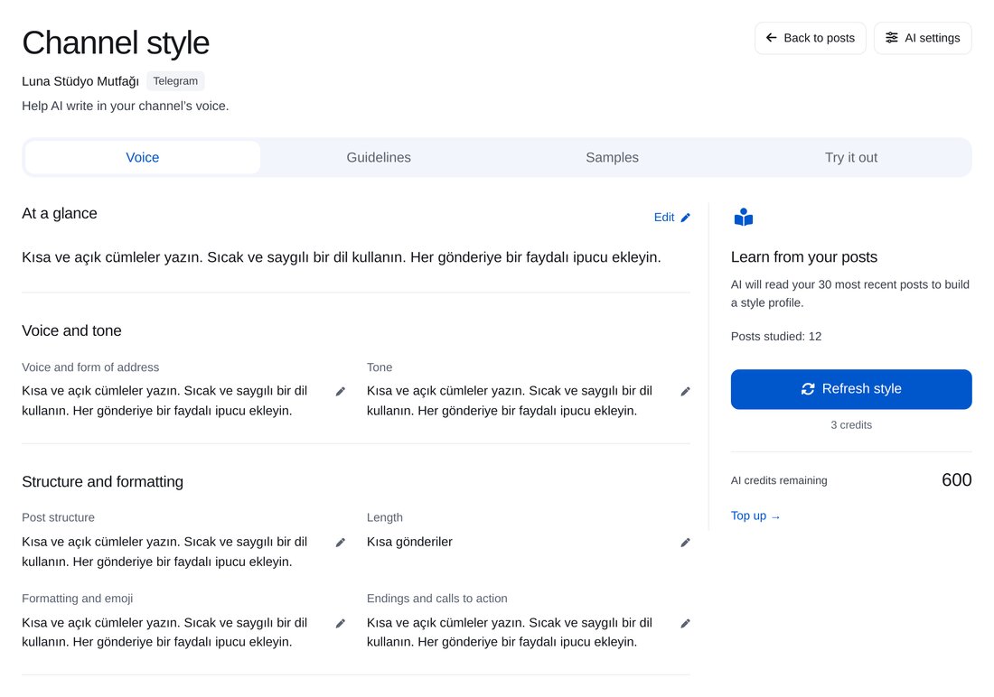 Yapay zekâ kanalın üslubunu öğrenir — ETOCHATBOT ayar ekranı