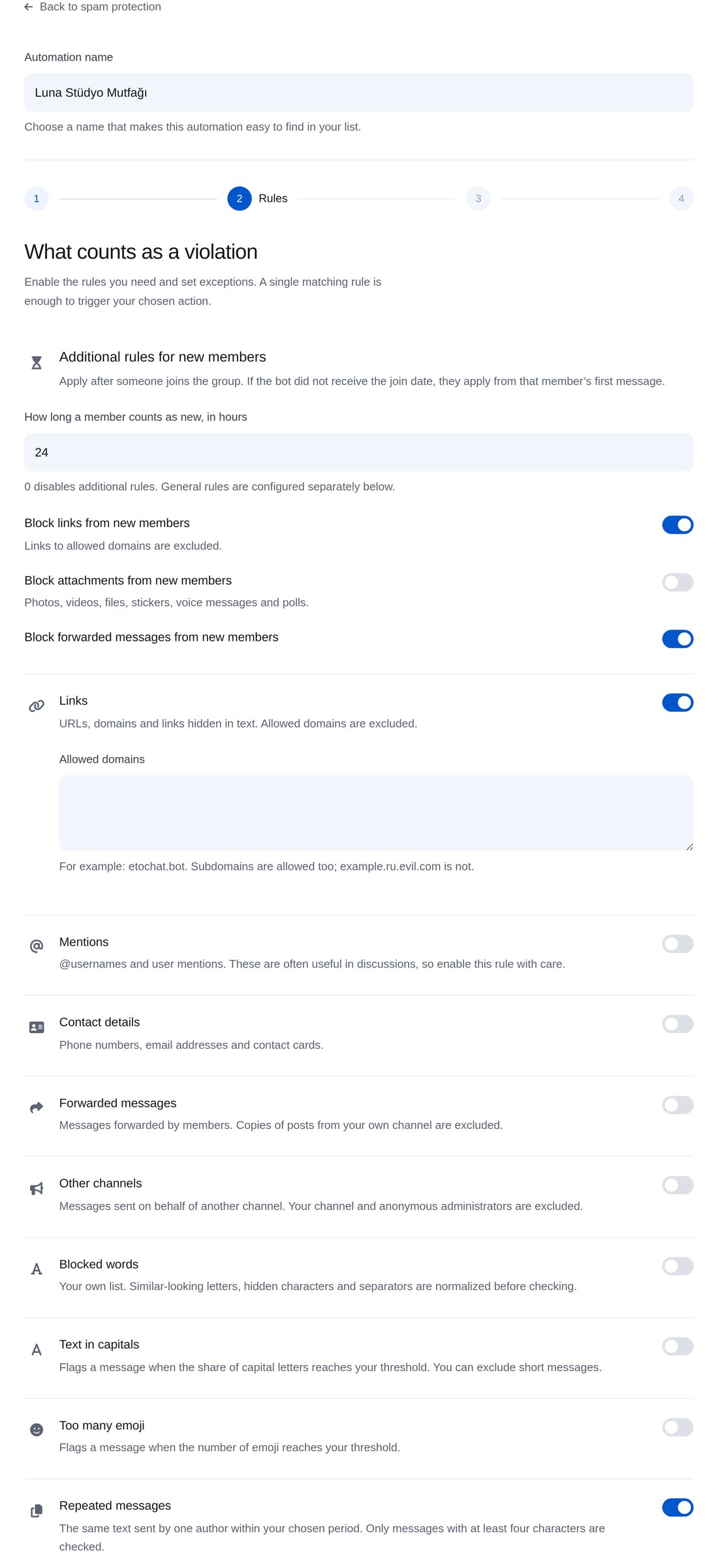 Kuralları belirleyin — ETOCHATBOT ayar ekranı