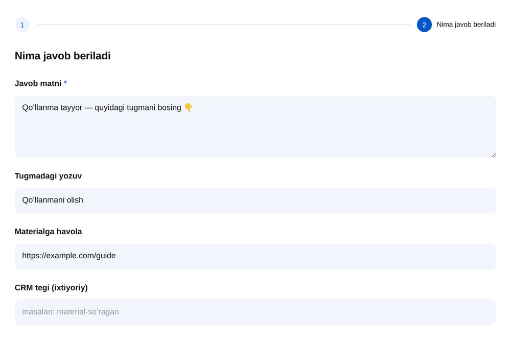 Matn va tugma — ETOCHATBOT sozlash ekrani