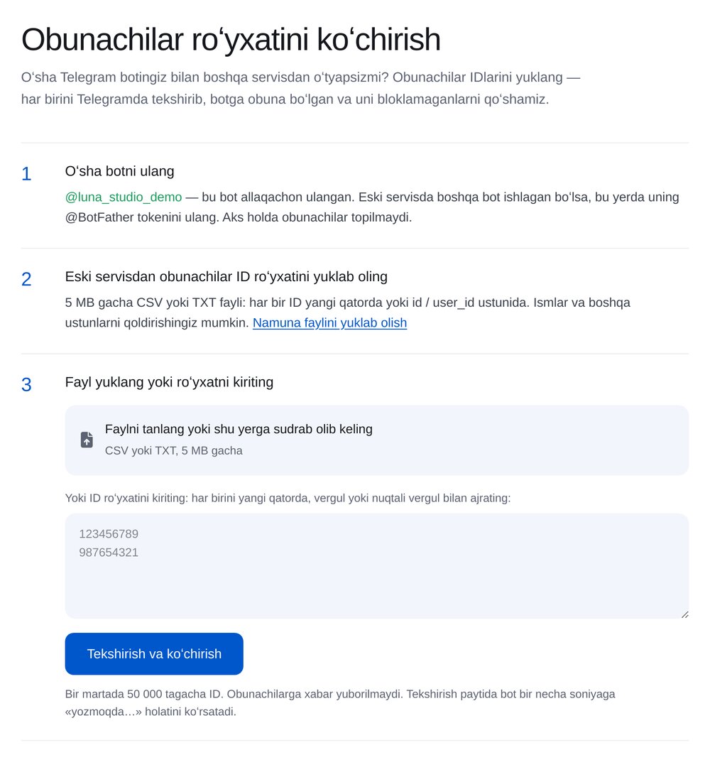 «Obunachi bazasini koʻchirish»: CSV yoki TXT yuklash va ID roʻyxati maydoni