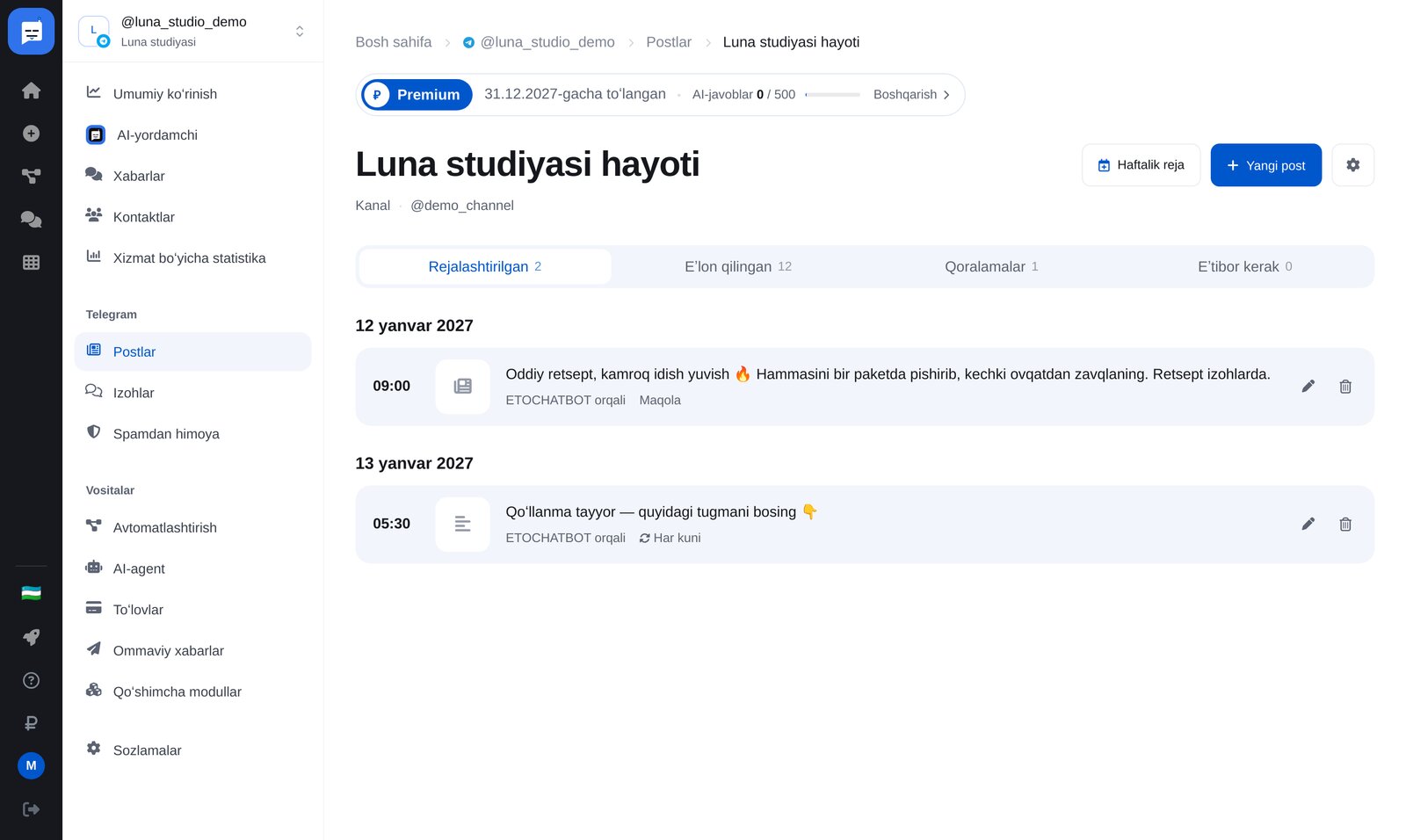«Postlar»dagi kanal sahifasi: sozlamalar menyusi va «Kanal uslubi»