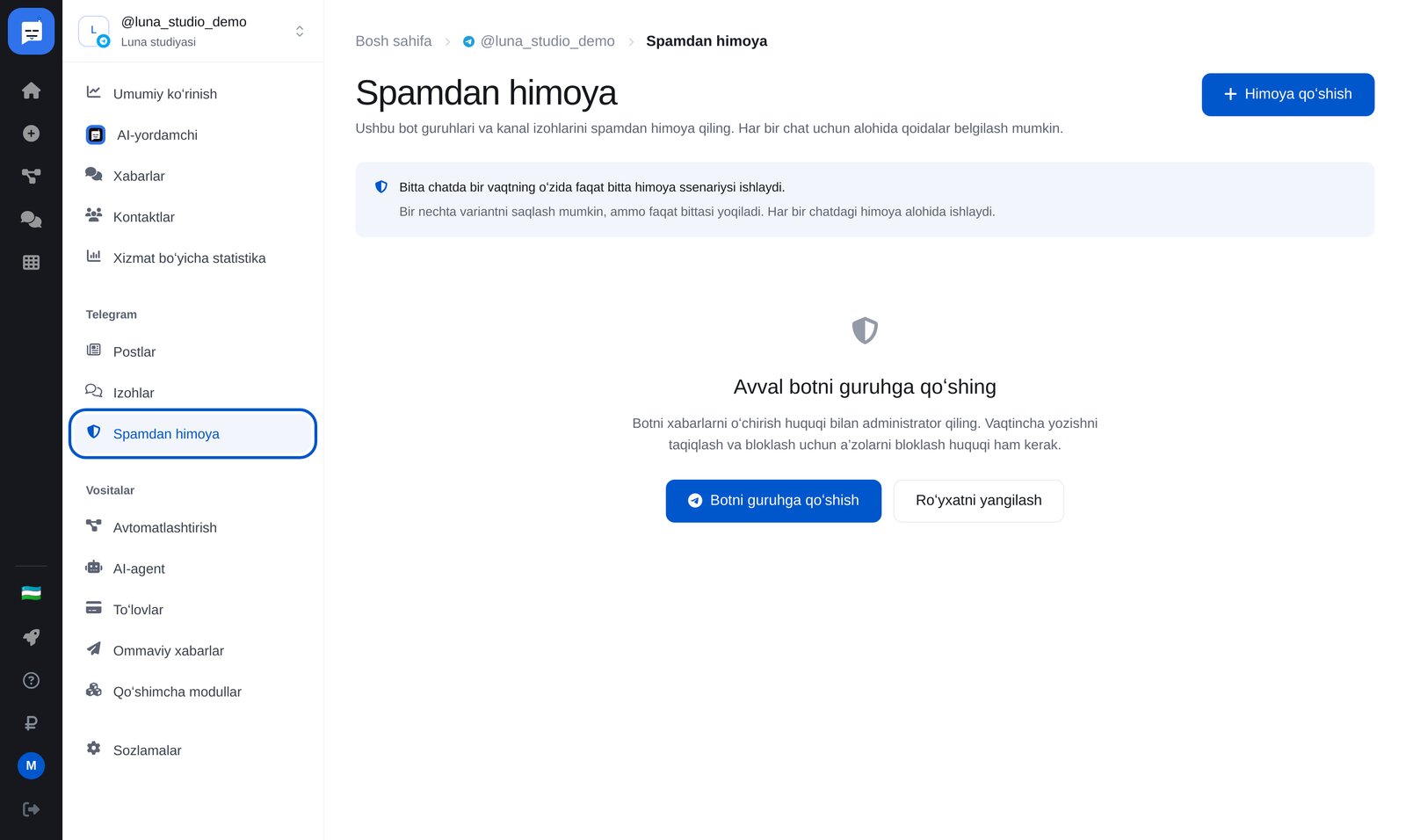 ETOCHATBOTdagi «Spamdan himoya»: menyu va «Himoya qoʻshish» tugmasi