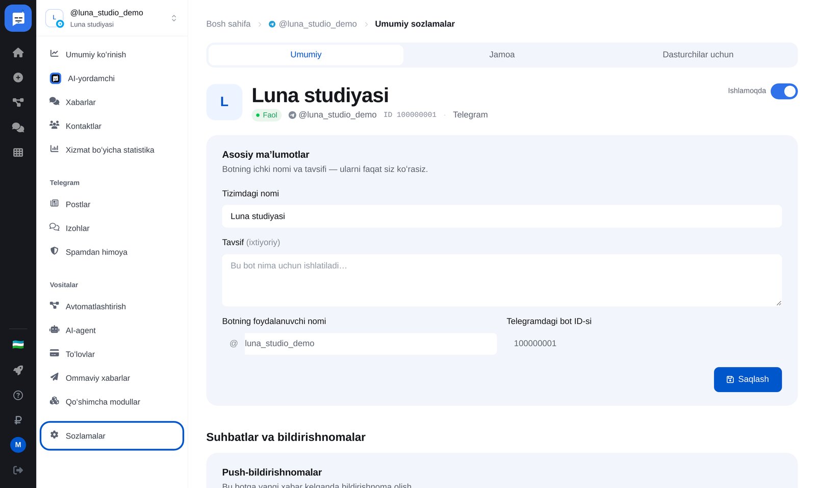 ETOCHATBOT bot sozlamalari: yoʻriqnoma va ulanish holati bilan «Bot shaxsiy yozishmada» bloki