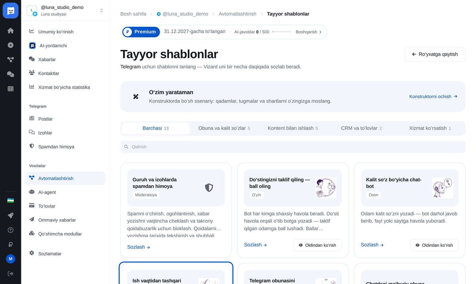 Telegram shablonlari: «Ish vaqtidan tashqari avtojavob» va «Kalit soʻz boʻyicha chat-bot»