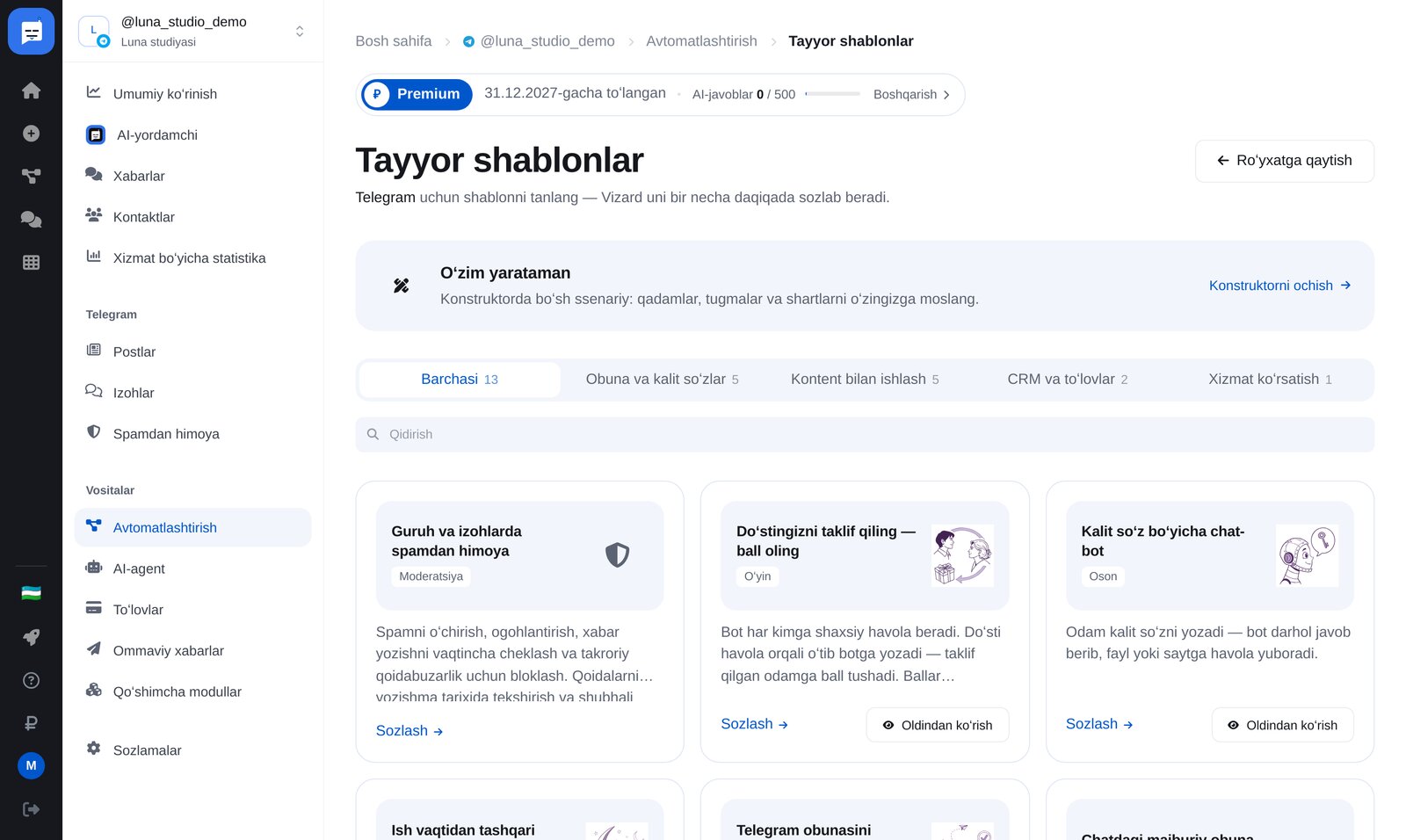 Telegram shablonlari: spamdan himoya, doʻst taklif qilish, kalit soʻz, avtojavob, obunani tekshirish va sovgʻali test