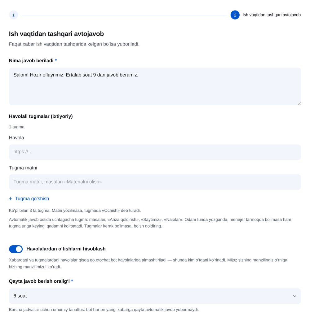 Javob matnini yozing — ETOCHATBOT sozlash ekrani