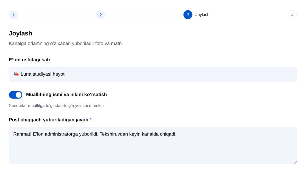 «Post» bosqichi: e’lon ustidagi yozuv, muallif ma’lumoti va joylashdan keyingi javob