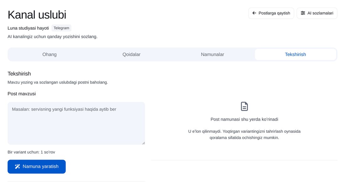 Misolda tekshiring — ETOCHATBOT sozlash ekrani