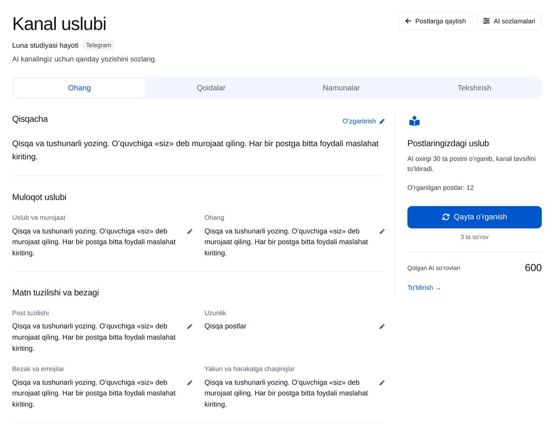 AI kanal uslubini oʻrganadi — ETOCHATBOT sozlash ekrani
