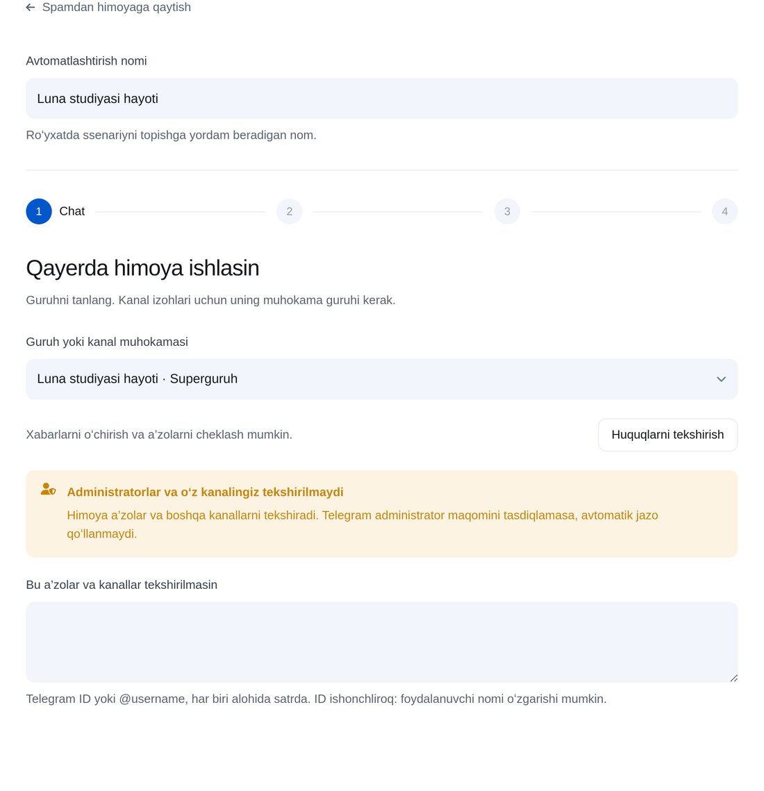 Guruhni tanlang — ETOCHATBOT sozlash ekrani