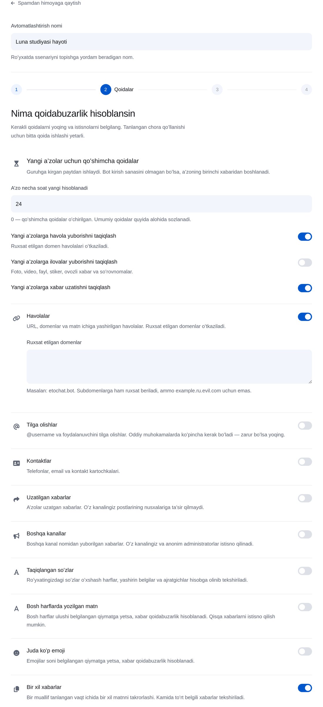 Qoidalarni belgilang — ETOCHATBOT sozlash ekrani