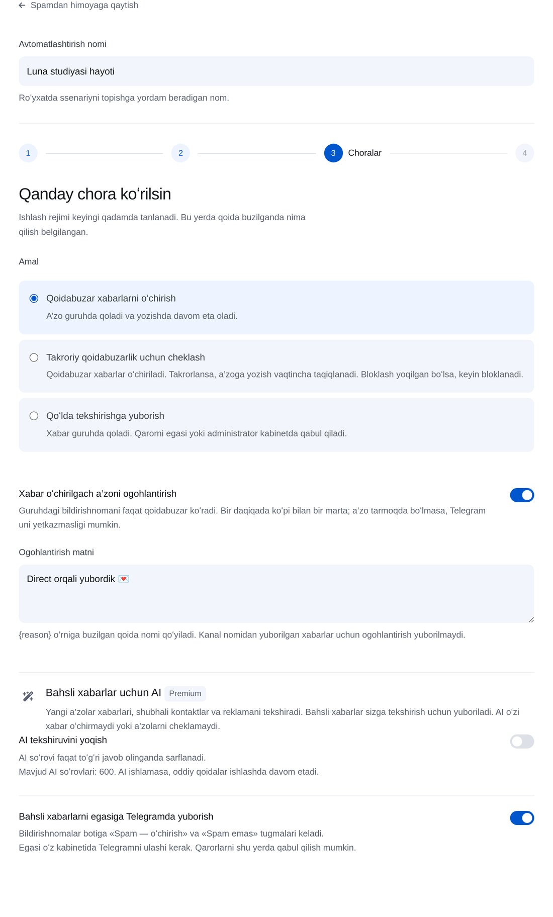 Harakatni tanlang — ETOCHATBOT sozlash ekrani