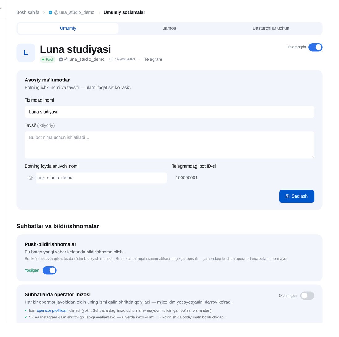 Kabinetda ulanishni tekshiring — ETOCHATBOT sozlash ekrani