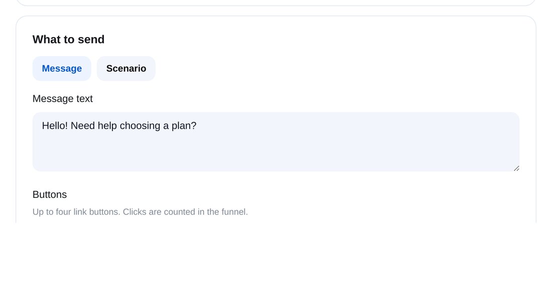 What to send and when — the setup screen in ETOCHATBOT