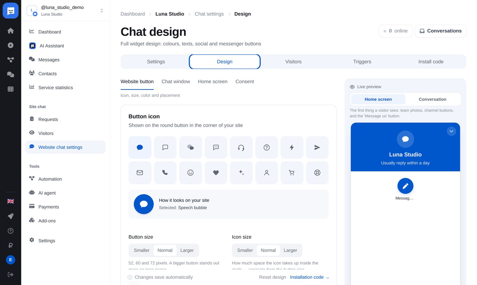 Website-Chat-Einstellungen im ETOCHATBOT-Konto: Menüpunkt und Tab „Design“