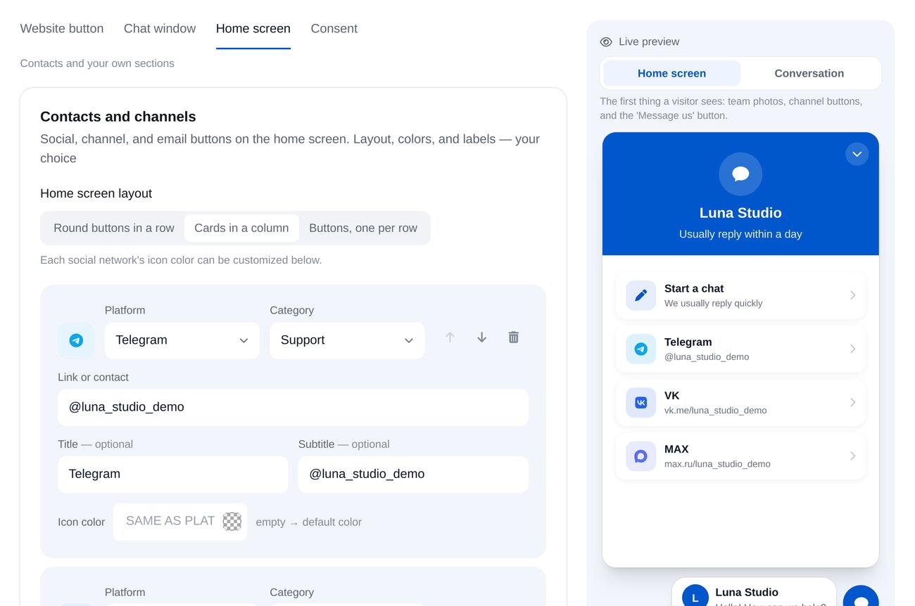 Design des Website-Chat-Widgets: Telegram-Buttons auf der Startansicht und Live-Vorschau