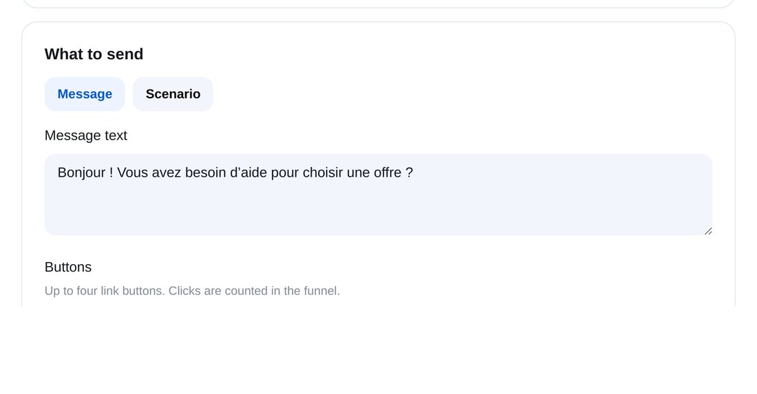 Quoi envoyer et quand — écran de configuration dans ETOCHATBOT