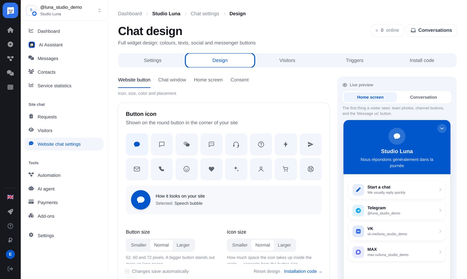 Paramètres du chat dans ETOCHATBOT : menu et onglet « Design »