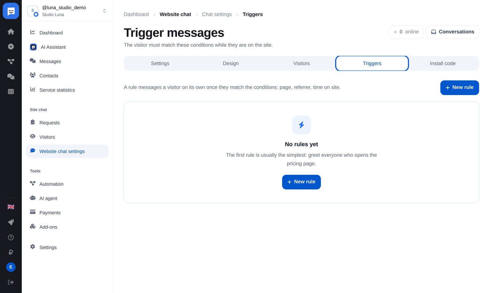 Paramètres du chat : onglet « Triggers » et bouton « Create rule »