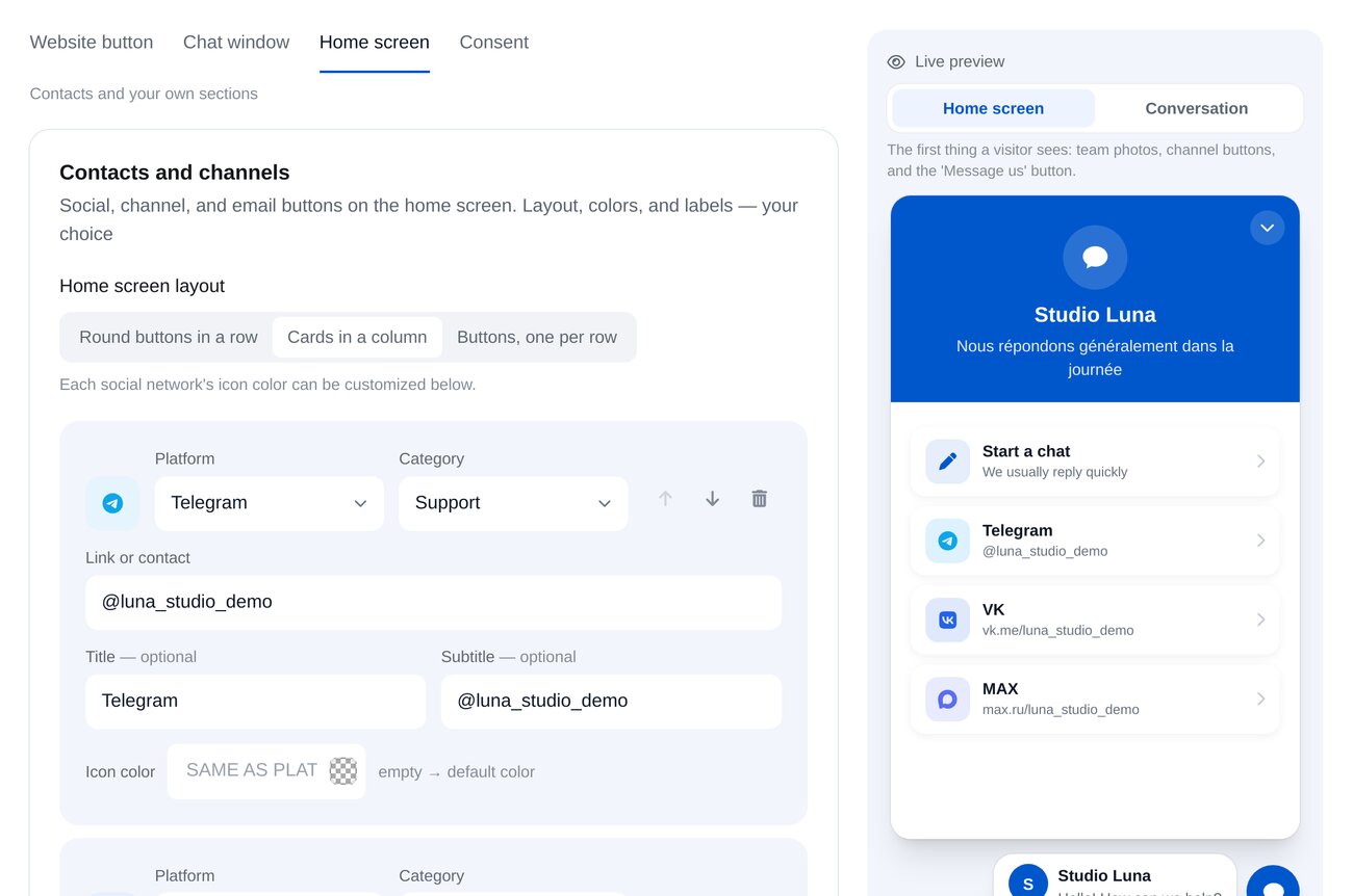 Configuration du widget : boutons Telegram sur l’accueil, aperçu en direct