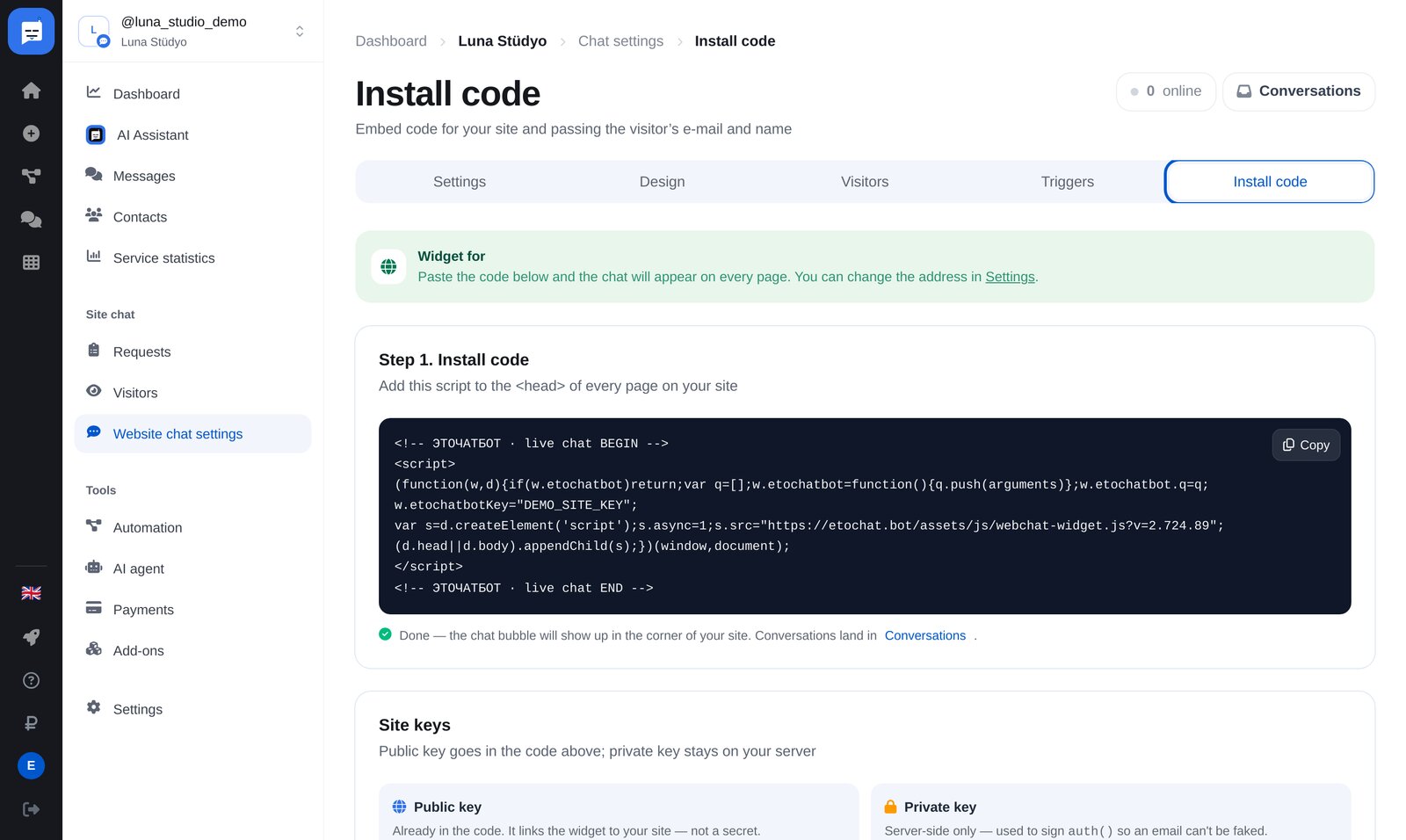 Site sohbeti ayarları: “Install code” sekmesi