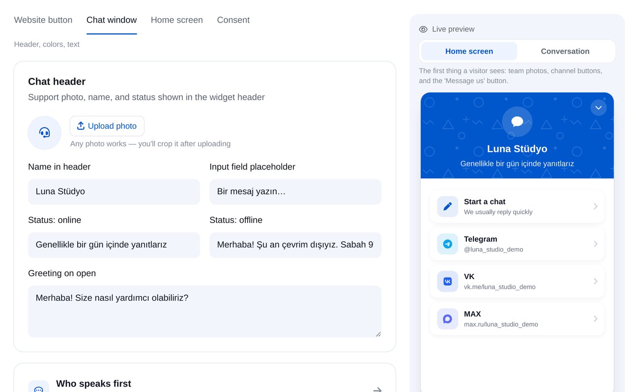 Sohbet penceresi: ETOCHATBOT ayar ekranı