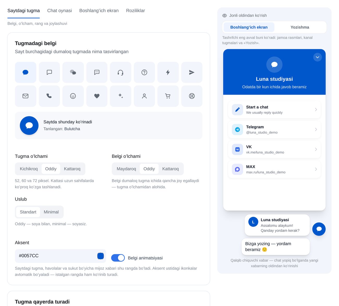 Saytdagi tugma — ETOCHATBOT sozlash ekrani